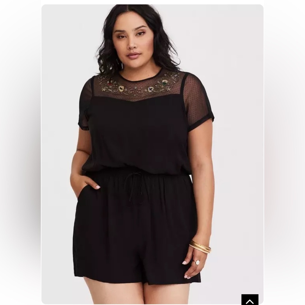 NWT Torrid Harry Potter Embroidered Mesh Romper Tie Waist Black Sz 4 House Crest